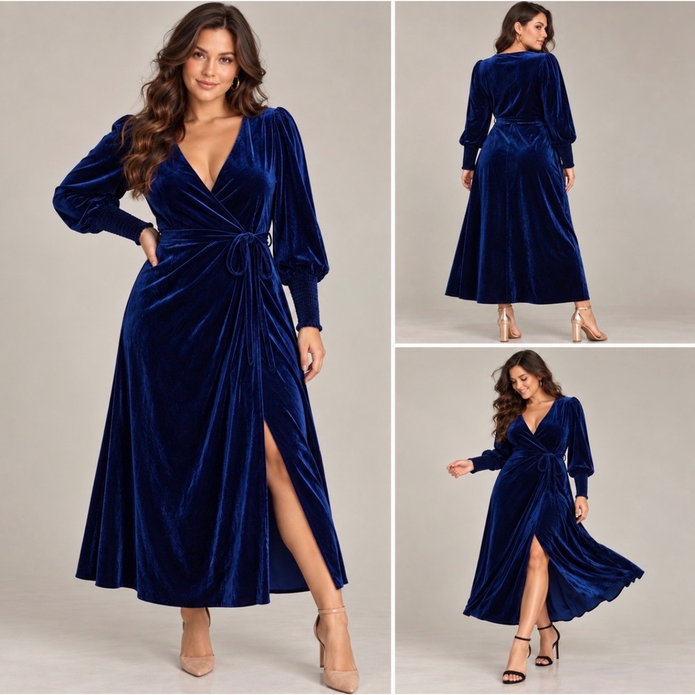 NWT Belle & Bloom Current Mood Velvet Wrap Dress L Royal Blue Midi Cottagecore